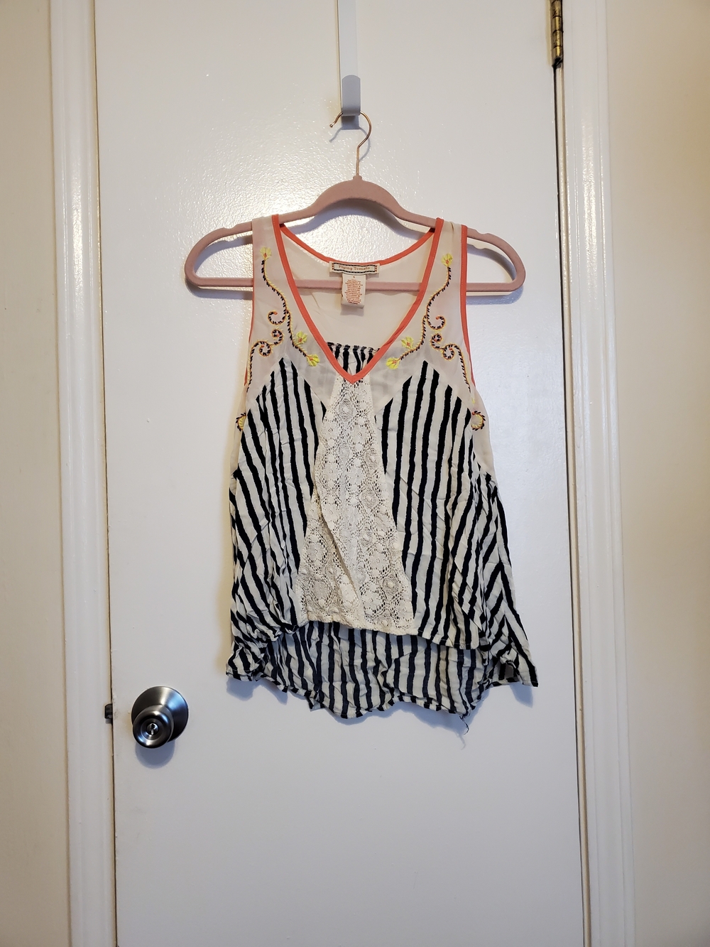 Flying Tomato Black & White Striped Lace-Front Tank with Coral Trim